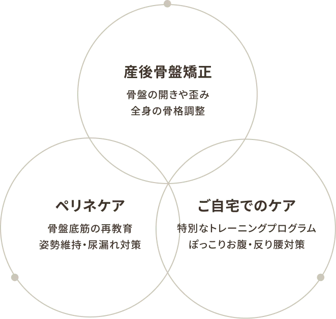 産後骨盤矯正（骨盤の開きや歪み、全身の骨格調整）、ペリネケア（骨盤底筋の再教育、姿勢維持・尿漏れ対策）、腹直筋離開ケア（特別なトレーニングプログラム、ぽっこりお腹・反り腰対策）